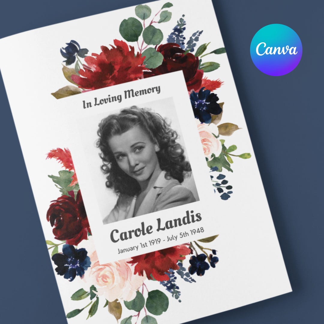 Editable Bi-fold Funeral Program Template | Elegant Red and Navy Floral ...