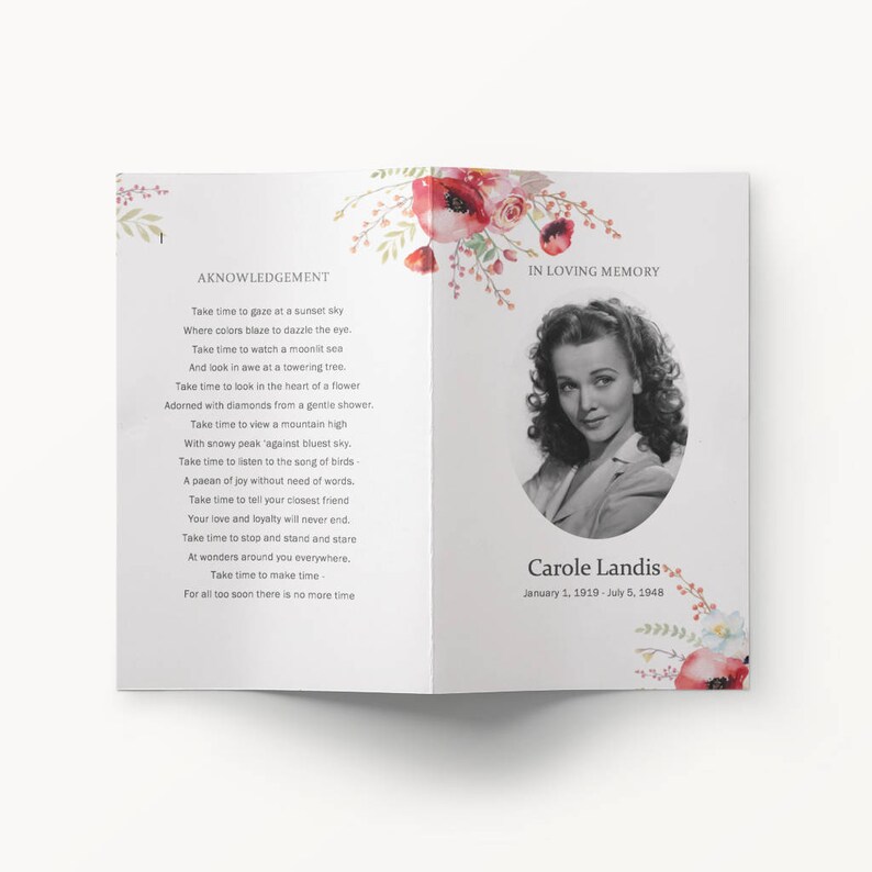 Funeral Program Template Printable Microsoft Word Watercolor Red Poppy
