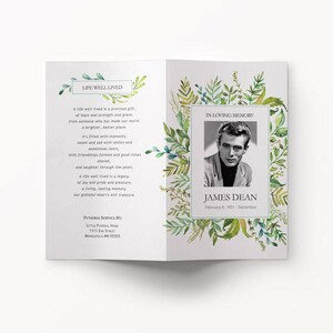 Funeral Program Template Printable Editable Microsoft Word Watercolor green leafy vines Bi-Fold Funeral Order of Service image 2