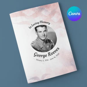 Patriotic funeral program template with American flag for b-fold veteran memorial service printable Canva obituary watercolor design