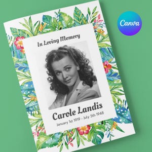 Editable Bi-Fold Funeral Program Template | Tropical Floral and Greenery Design | Celebration of Life | Printable Canva Memorial