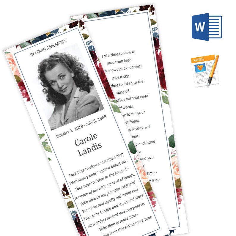 funeral bookmark template printable memorial bookmark red etsy