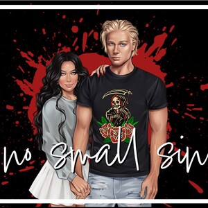 May include: A couple stands in front of a red splatter background. The man is wearing a black t-shirt with a skeleton and roses graphic. The woman is wearing a gray sweater and a white skirt. The text "no small sin" is written in white cursive below the couple. The text "8 oz COCO SOY CANDLE" and "woodland wants" is written in white on the right side of the image.