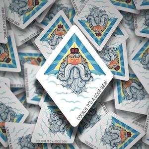 May include: A set of colorful cards with a whimsical illustration of a bearded king with a crown, surrounded by clouds. The text on the cards reads "Course it's a good idea!"