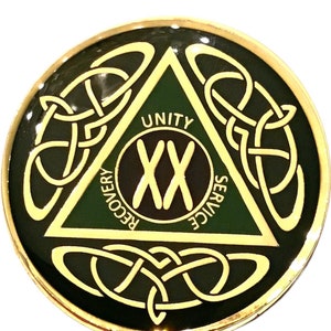Das keltische AA-Medaillon - irisch-gälische Grün- und Gold-Alkoholika Anonymous, Nüchternheits-Chip, Token, Münze