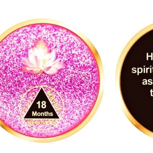 1 Monat bis 48 Jahre AA Medaillon - Der Lotus Pink Medaillon Glitter, Bling, Anonyme Alkoholiker 38 mm, Chip, Token, Münze