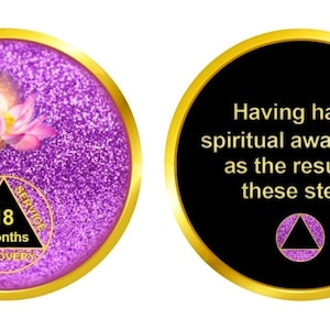 1 bis 48 Jahr AA Medaillon - Der Lotus lila Medaillon Glitter, Bling, Anonyme Alkoholiker 38 mm, Chip, Token, Münze