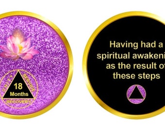 1 to 48 Year AA Medallion  - The Lotus Purple Medallion Glitter, Bling, Alcoholics Anonymous 38mm, Chip, Token, Coin
