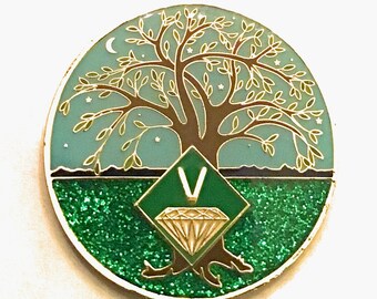 NA Medallion - Green & Blue Tree Of Life , Glitter, Bling, Clean Recovery Chip, Token, Coin