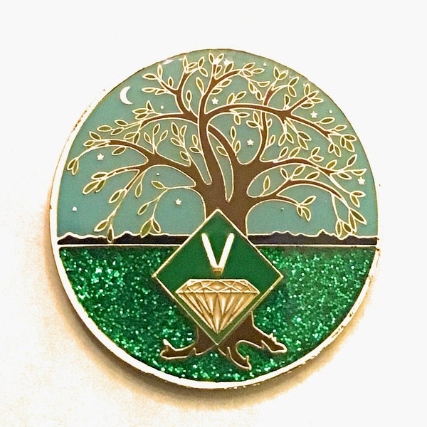 NA Medallion - Green & Blue Tree Of Life , Glitter, Bling, Clean Recovery Chip, Token, Coin