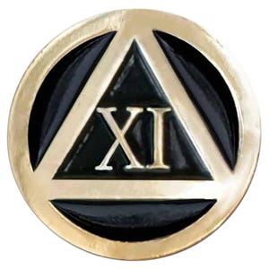 May include: A gold-colored medallion with a black triangle inside a circle. The Roman numeral XI is in the center of the triangle. The medallion has a shiny, metallic finish.