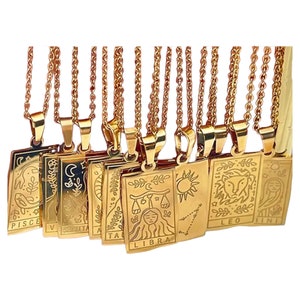 May include: A set of 12 gold-tone necklaces with zodiac sign pendants. Each pendant features a different zodiac sign, including Pisces, Virgo, Sagittarius, Taurus, Libra, Leo, and Gemini.