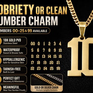 Könnte beinhalten: Ein goldfarbener Anhänger mit der Nummer 10 an einer goldenen Kette. Das Bild enthält den Text "SOBRIETY OR CLEAN NUMBER CHARM" und "NUMBERS 00-25 & 99 AVAILABLE". Der Anhänger ist wasserdicht, hypoallergen und anlaufgeschützt.