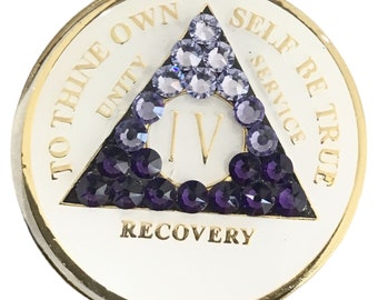 Glow In The Dark AA Medallion - Purple, Alcoholics Anonymous Crystal Bling, Token, Chip