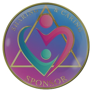 May include: A gold coin with a purple, blue, and pink heart design inside a gold triangle. The words "Sharing & Caring Sponsor" are written around the edge of the coin.