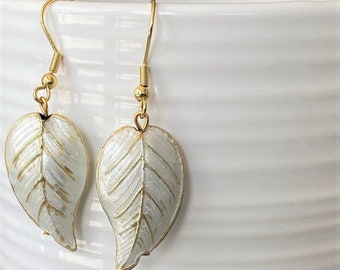 White Gold Enamel Puffed Leaf Earrings, Handmade