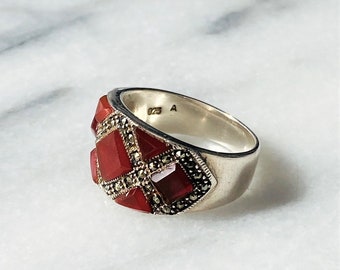 Sterling Silver Carnelian Colored Marcasite Ring, Vintage, Size 9