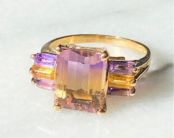 10K Yellow Gold Emerald Cut Ametrine Ring, Vintage, Size 6