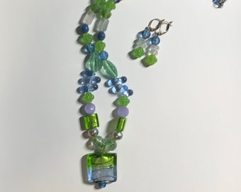 Green and Blue Beaded Necklace and Earring Set, Handmade Vintage Jewelry