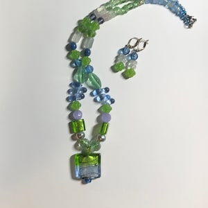 Green and Blue Glass and Acrylic Bead Necklace and Earring Set, Handmade Vintage