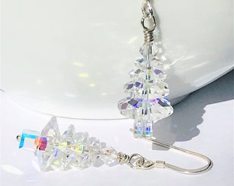 Clear Crystal Iridescent Christmas Tree Earrings, Handmade