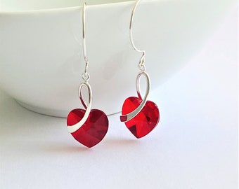 Sterling Silver Red Crystal Heart Earrings, Handmade