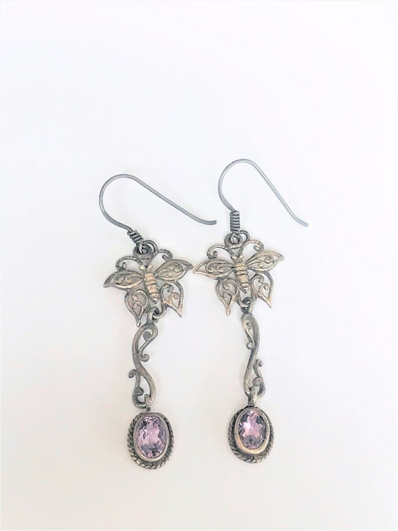 Sterling Silver Amethyst Butterfly Fantasy Earrin… - image 1