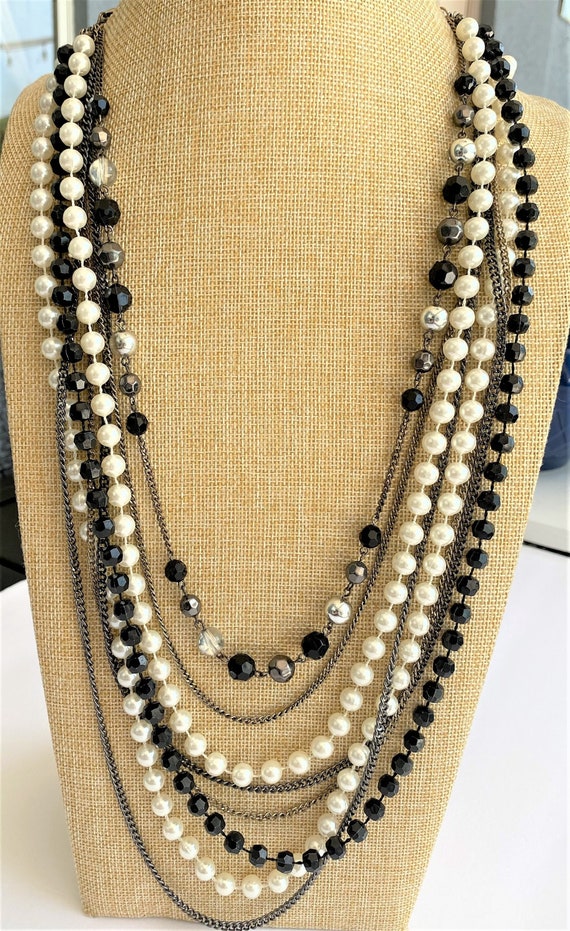 Black White Multi-Strand Chain Necklace, Vintage