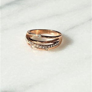 Clear Crystal Rose Gold Colored Ring, Size 7.5, Vintage