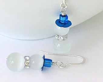 Cat's Eye Swarovski Snowman Earrings, Sterling Silver, Handmade