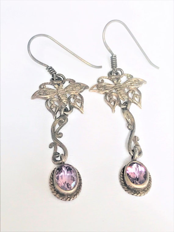 Sterling Silver Amethyst Butterfly Fantasy Earrin… - image 3