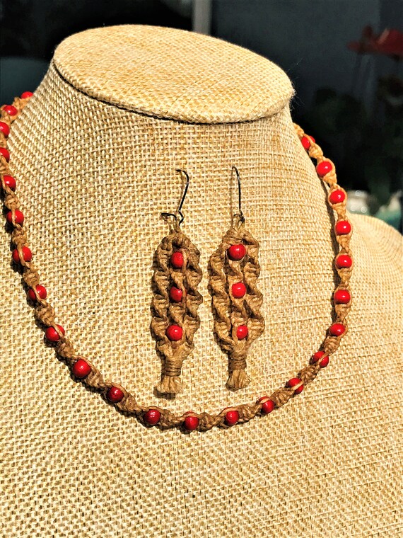 Red Bead Macramé Necklace Earrings, Handmade Vinta