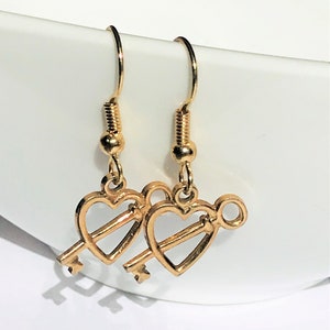 Gold Tone Key to My Heart Earrings, Handmade