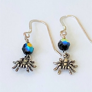 Antiqued Sterling Silver Crystal Spider Earrings, Handmade