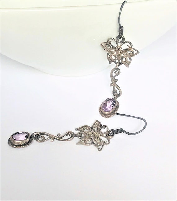 Sterling Silver Amethyst Butterfly Fantasy Earrin… - image 2