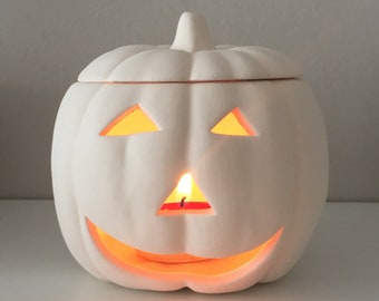 Portavelas de calabaza de Halloween listo para pintar, calabaza de cerámica sin esmaltar, pinta tu propia calabaza, manualidad de Halloween, decoración de otoño