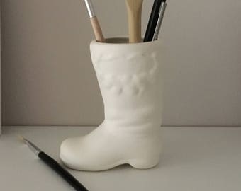 READY TO SHIP, Ceramic Pencil Holder, Pen Storage, Christmas Boot, Christmas Decor, Office Decor, Desk Decor, Bisque, Christmas, Santa Boot