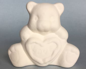 Ceramic Bear with Heart Ready to Paint, Paint Your Own Teddy Bear, Bisque Pottery Valentine Gift, DIY Ceramic Craft