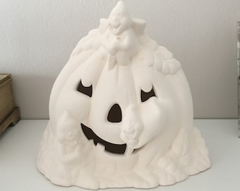 Unpainted Ceramic Halloween Pumpkin with Ghosts – Ready to Paint Bisque, DIY Halloween Decor, Jack-o'-Lantern Ceramic Light-Up, Activity