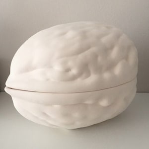 May include: A white ceramic nutcracker shaped like a walnut. The nutcracker is open and has a detailed, textured surface.