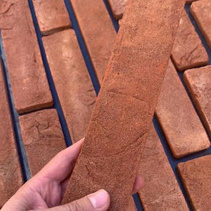 Könnte beinhalten: Nahaufnahme von mehreren rotbraunen rechteckigen Ziegeln. Ein Ziegel wird in einer Hand gehalten und zeigt seine strukturierte Oberfläche. Die Ziegel sind auf einer dunkelblauen Oberfläche angeordnet, was ihre Farbe und Form hervorhebt. Diese Ziegel eignen sich für Bau- und Designprojekte.