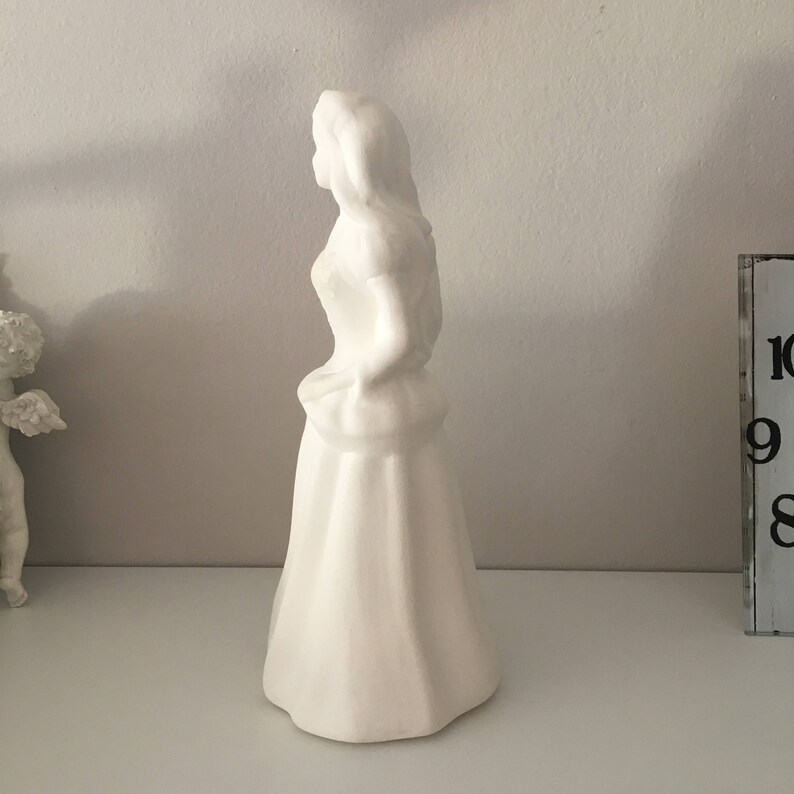 May include: White ceramic figurine of a woman in a long dress. The figurine is standing on a white surface.