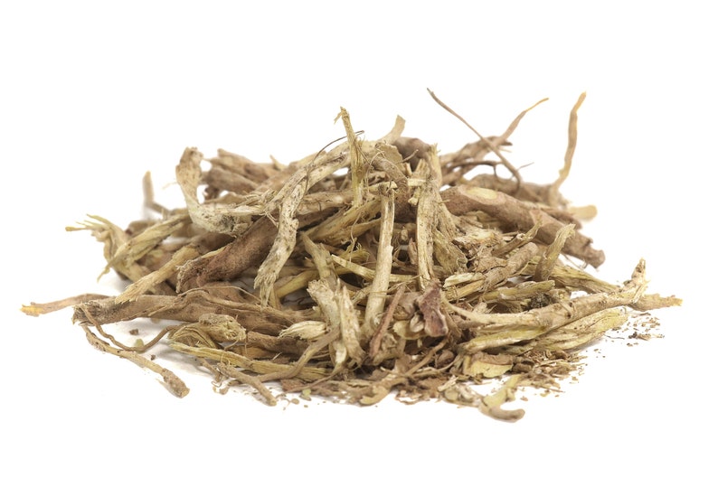 May include: A pile of dried, light brown, and tan roots. The roots are long and thin, and some are slightly thicker than others. The roots are arranged in a loose pile, and some are overlapping.