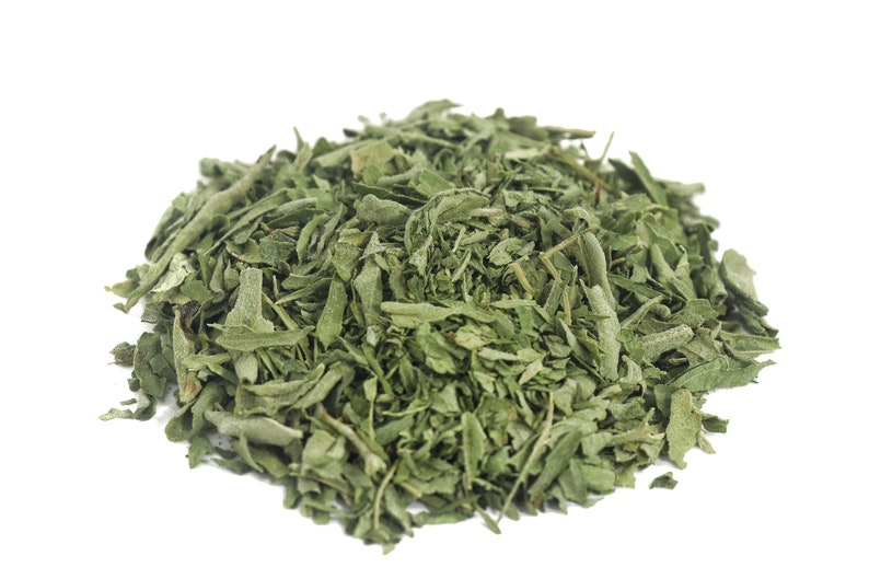 May include: A pile of dried tarragon leaves, a green herb used for cooking and flavoring.
