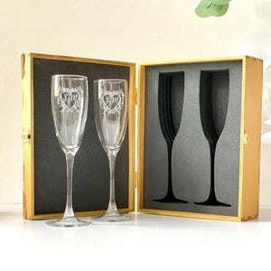 Golden Custom Champagne Glasses Set, Engraved Wedding Toasting Flutes in wooden box, Anniversary gift