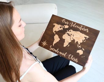 Personalized Wooden Travel Memory Box, World Map Keepsake