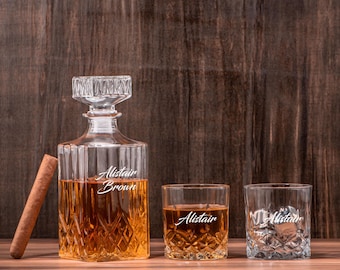 Gravierte Whisky-Dekanter-Set, personalisierte Geschenkbox aus Holz