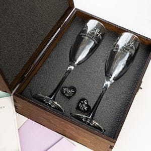 Personalized Champagne Glasses Set with Engraved Wooden Box, Wedding Toasting Flutes, Anniversary Wedding gift