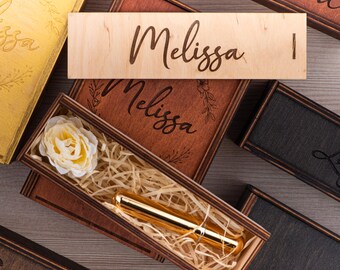 Caja de regalo de madera personalizada con heno, caja de recuerdos con tapa deslizante personalizada