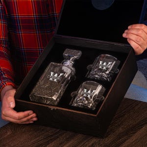 Engraved Whiskey Decanter Set, Personalized Wooden Gift Box